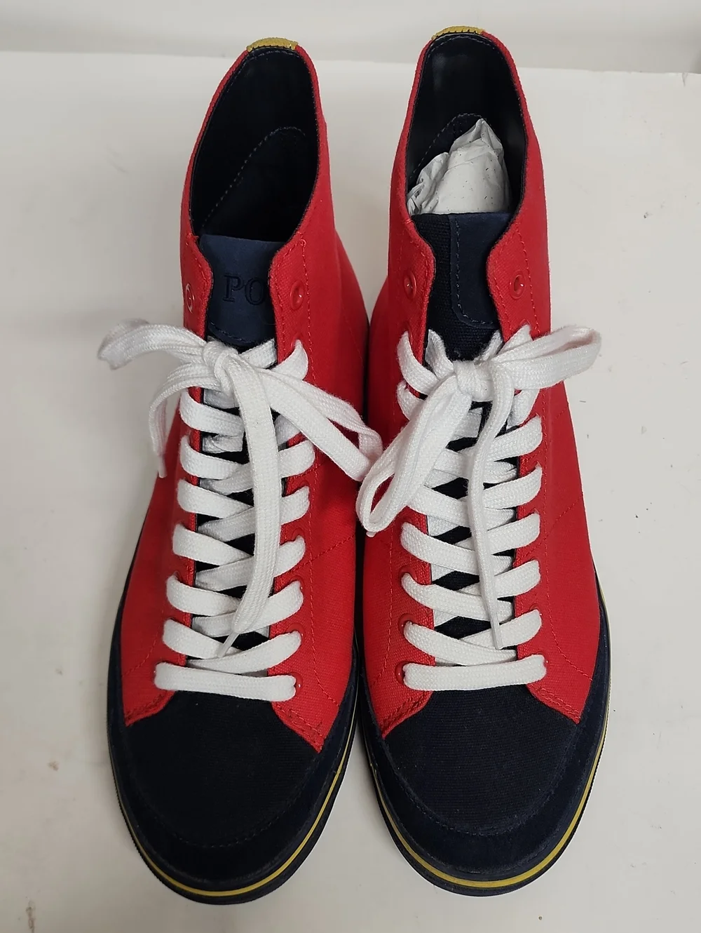 Polo by Ralph Lauren Red Solomon Sz 10.5 High-Top Sneakers with Navy Yellow Trim